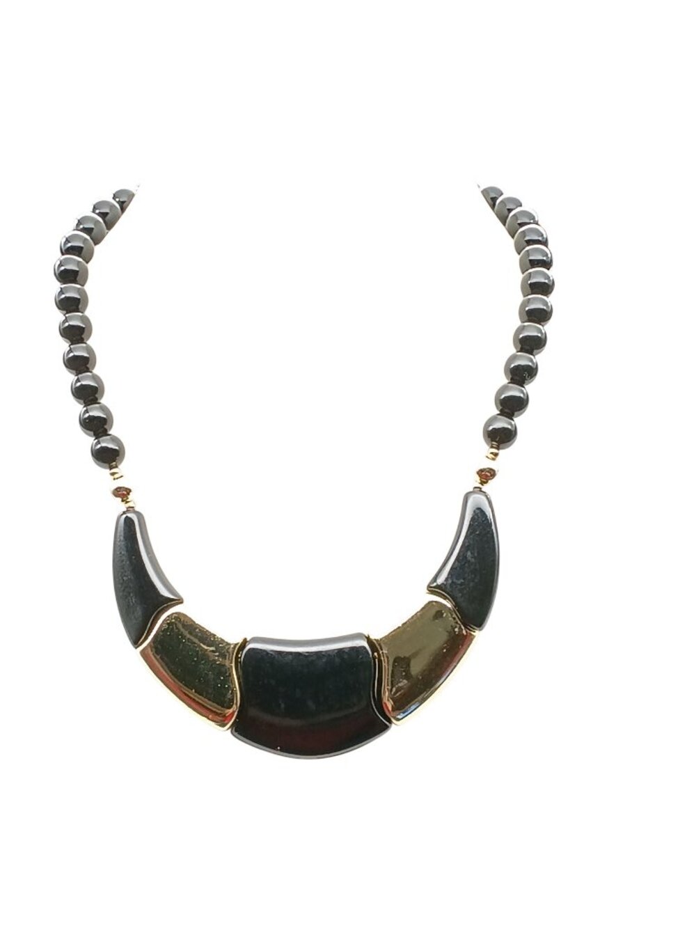 Black & Gold Beaded Jigsaw Bib Necklace with Crescent Pendant Vintage Statement